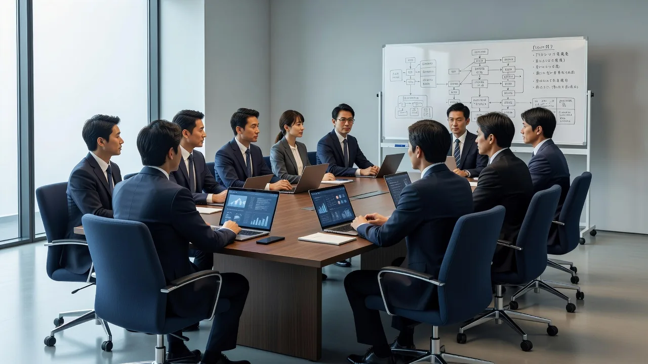 サービス内容について説明を受ける企業担当者